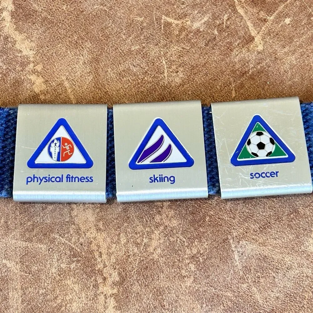 Cub Scout Belt with solid brass buckle Loop Slides Merit Badges. 19 Pieces USA